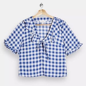 Topshop Blue Gingham Check Frill Blouse - US 6